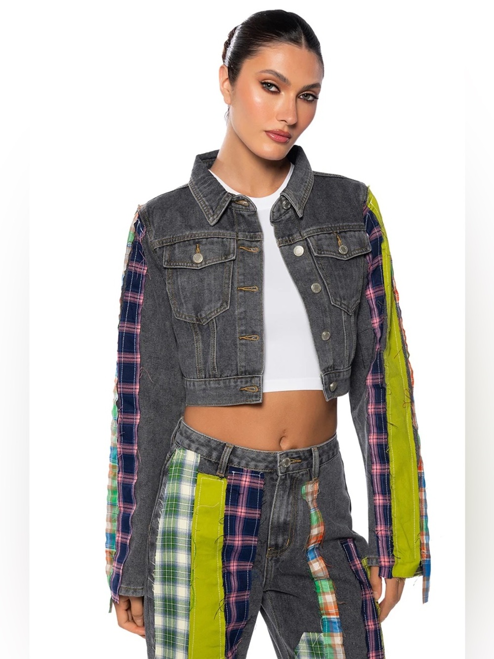Cropped Patchwork Denim Jacket with Plaid & Lime Panels